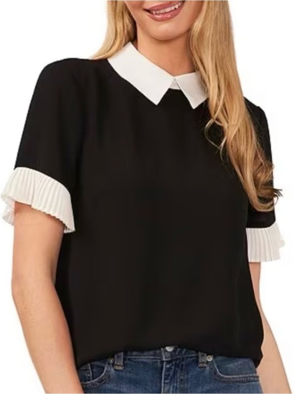 CeCe Black Top with White Collar and Pleated Sleeve Trim